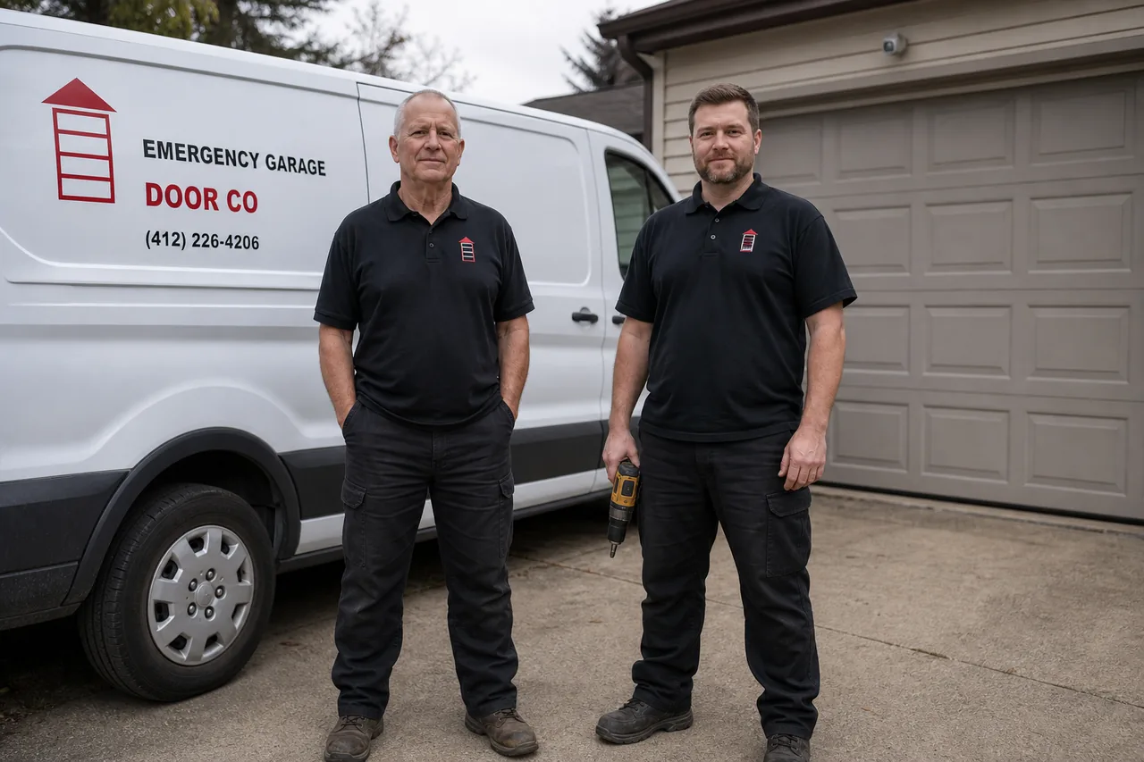 Emergency Garage Door Co technicians and service van outside a home in Pittsburgh, PA